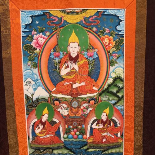 Lama Tsongkhapa & Two Disciples Printed Thangka - Small