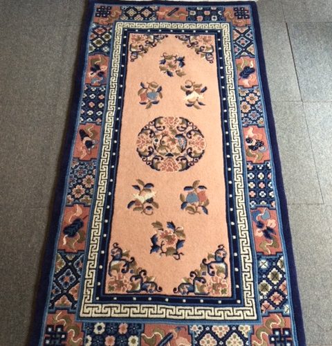 Tibetan Carpet - Medallion & Flowers on Blush Background / Blue Border